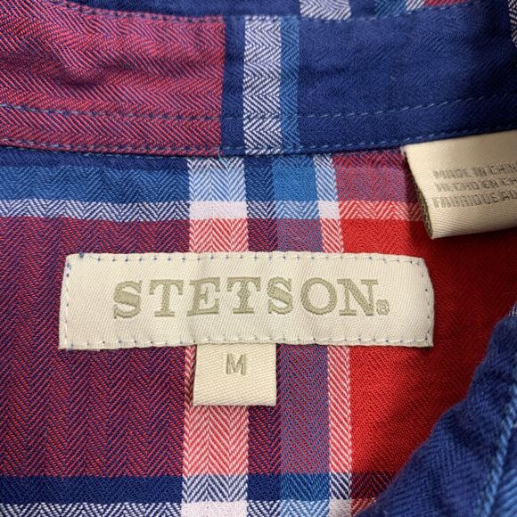 Stetson Shirt Womens M Medium Red Blue Plaid Pearl Snap Buttons Western Pockets - Picture 8 of 11